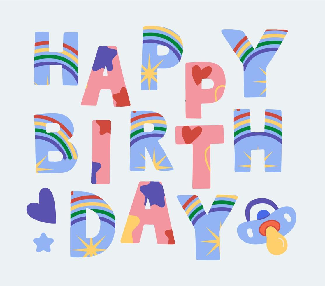 Happy Birthday, gorgeous lettering written with elegant calligraphic font or script and decorated dummy, star, heart. vector