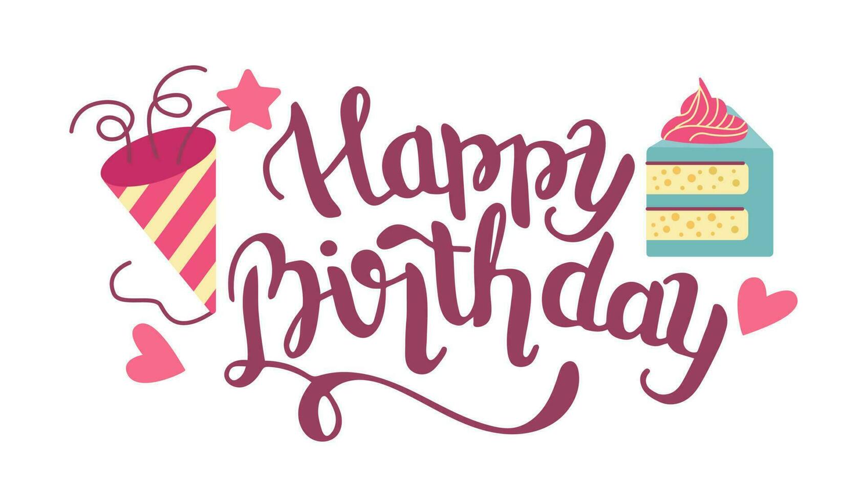 Happy Birthday, gorgeous lettering written with elegant calligraphic font or script and decorated with cake, firecracker vector