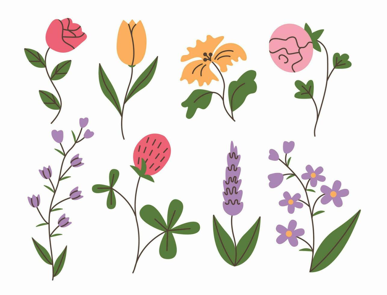 Spring and summer flowers set. Simple doodle flower plants isolated on white background. Colourful flat vector illustration.