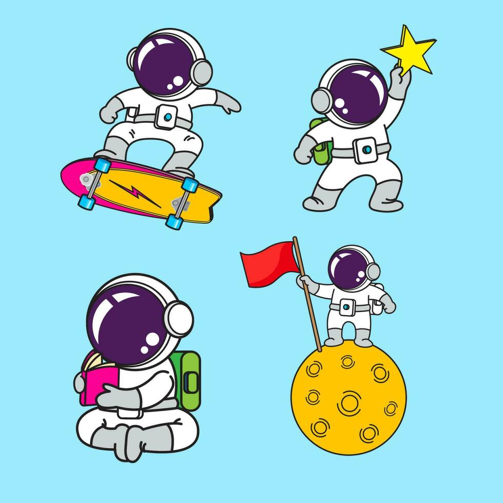 Astronaut cartoon set, animation , flat design, super hero, Vector
