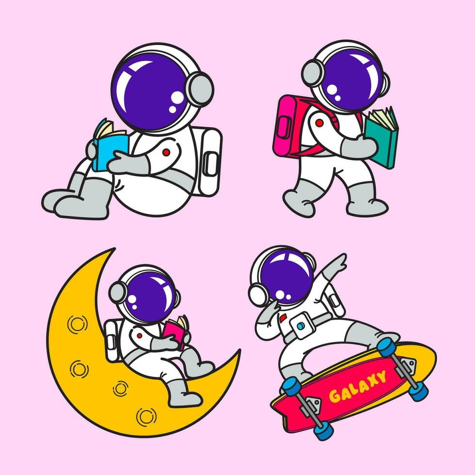 Astronaut cartoon set, animation , flat design, skate board, Vector
