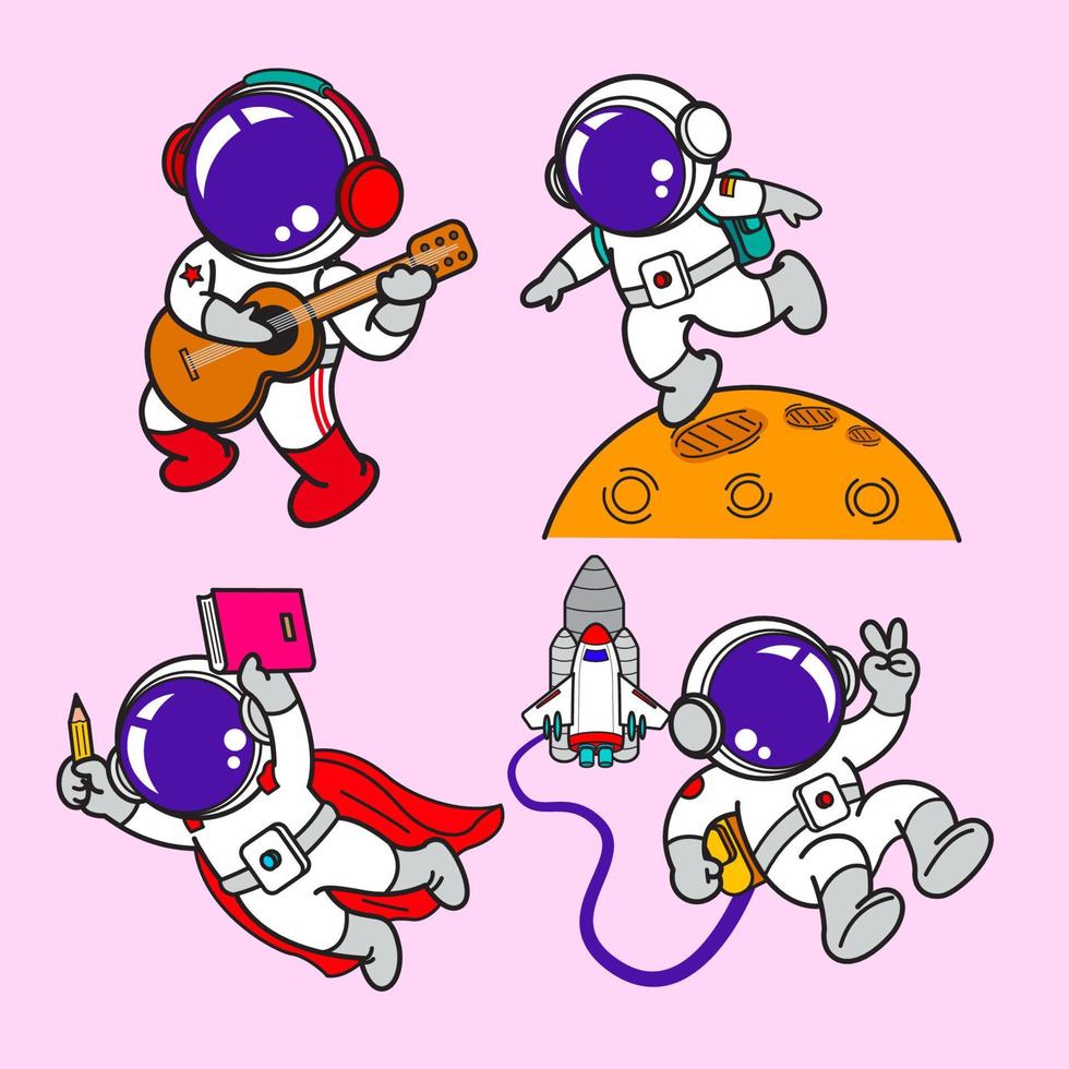 Astronaut cartoon set, animation , flat design, galaxy , Vector illustration