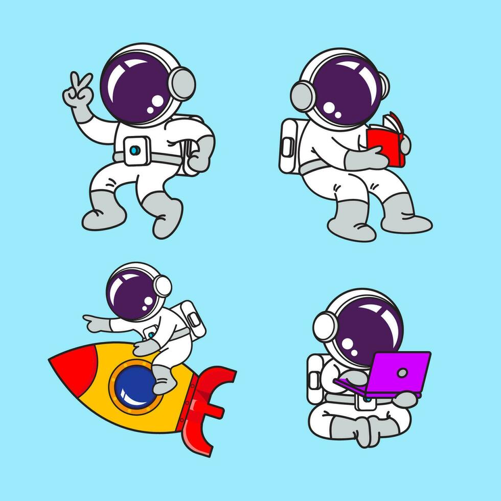 Astronaut cartoon set, animation , flat design, super hero, Vector