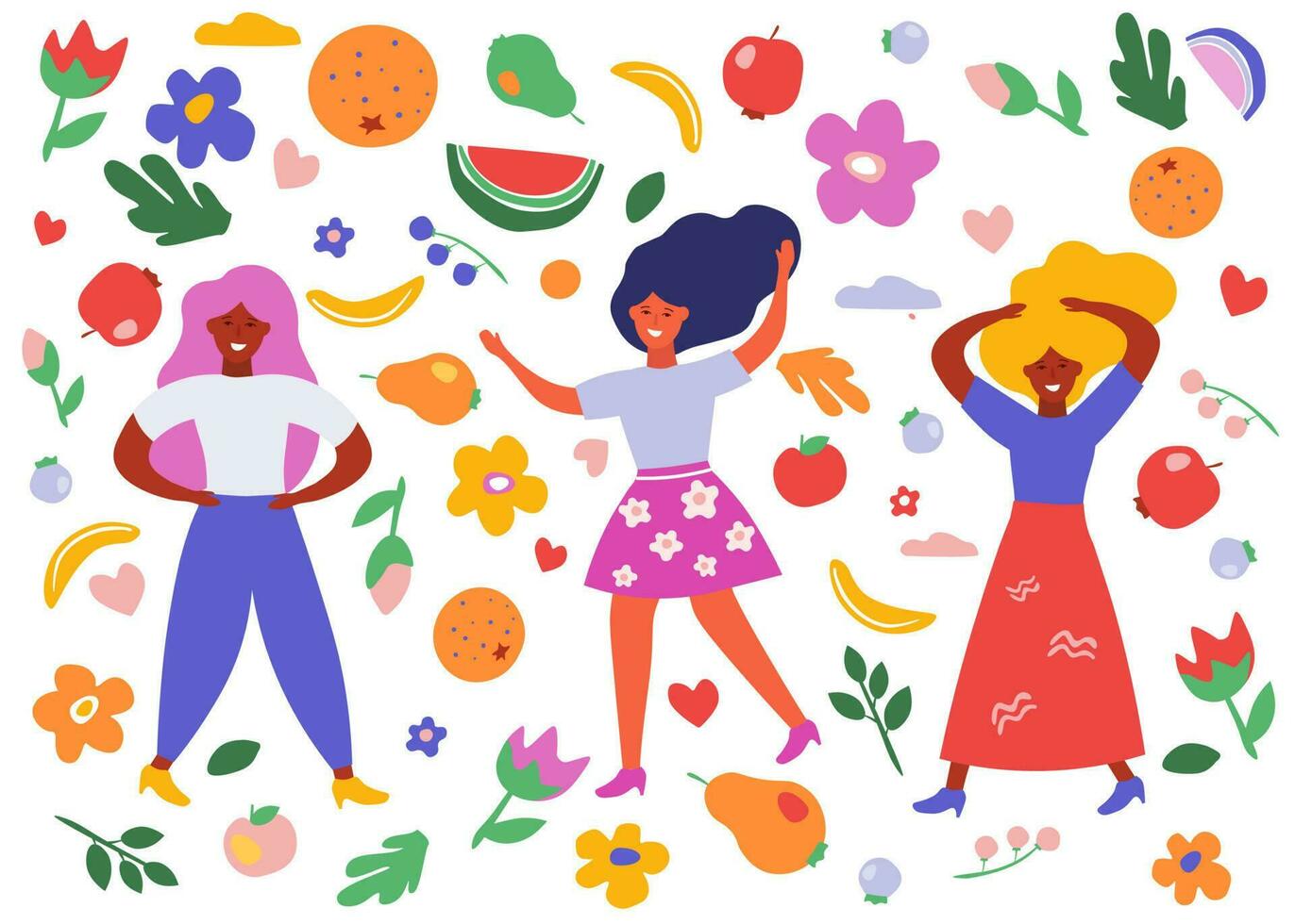 verano brillante conjunto con chicas, flores, frutas, corazones. sencillo objetos de plantas, gente, formas vector gráficos.