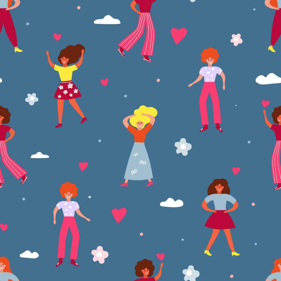 A seamless pattern with different beautiful women. Funny happy girls laughing, dancing. Vector graphics.