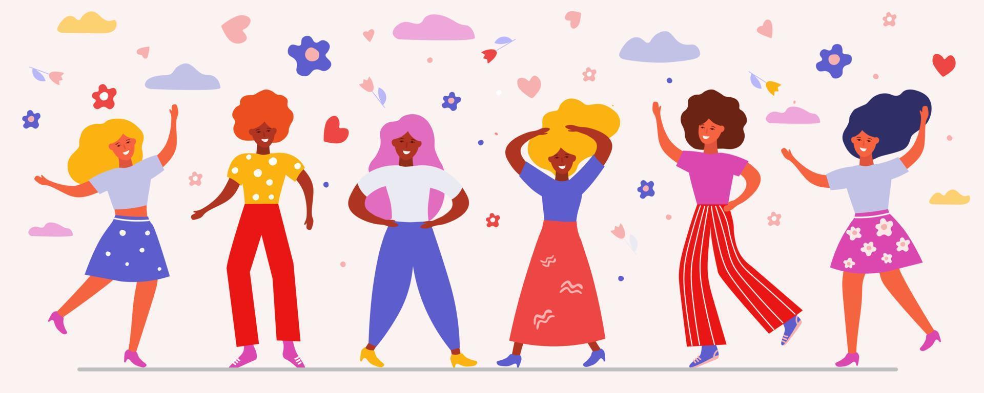 Beautiful women dance, rejoice, make friends. Happy bright females in spring on the background of flowers, hearts, clouds. Simple flat graphics. vector