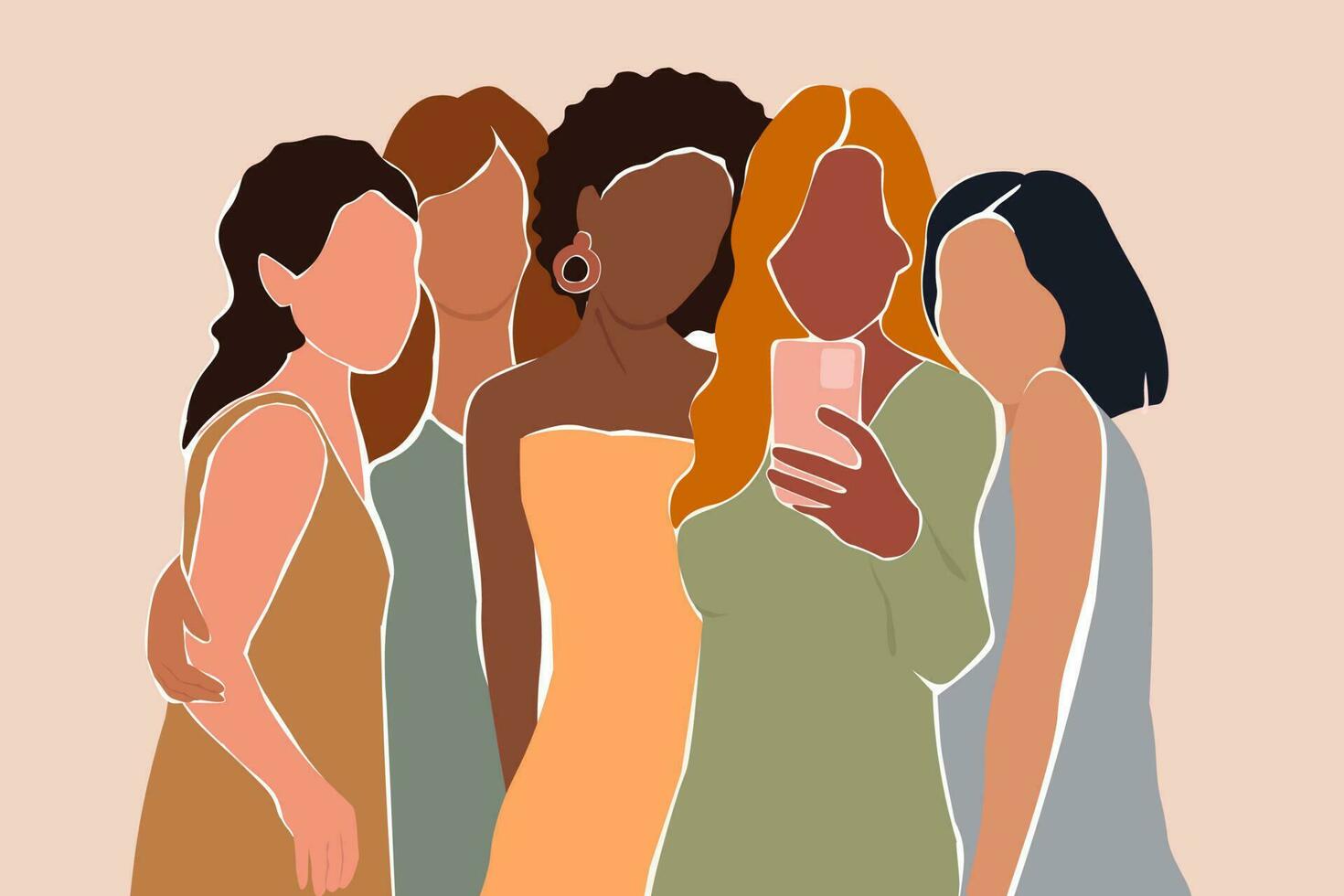 un grupo de resumen muchachas tomar selfies juntos. hermosa hembra amigos abrazo, contento. vector gráficos.