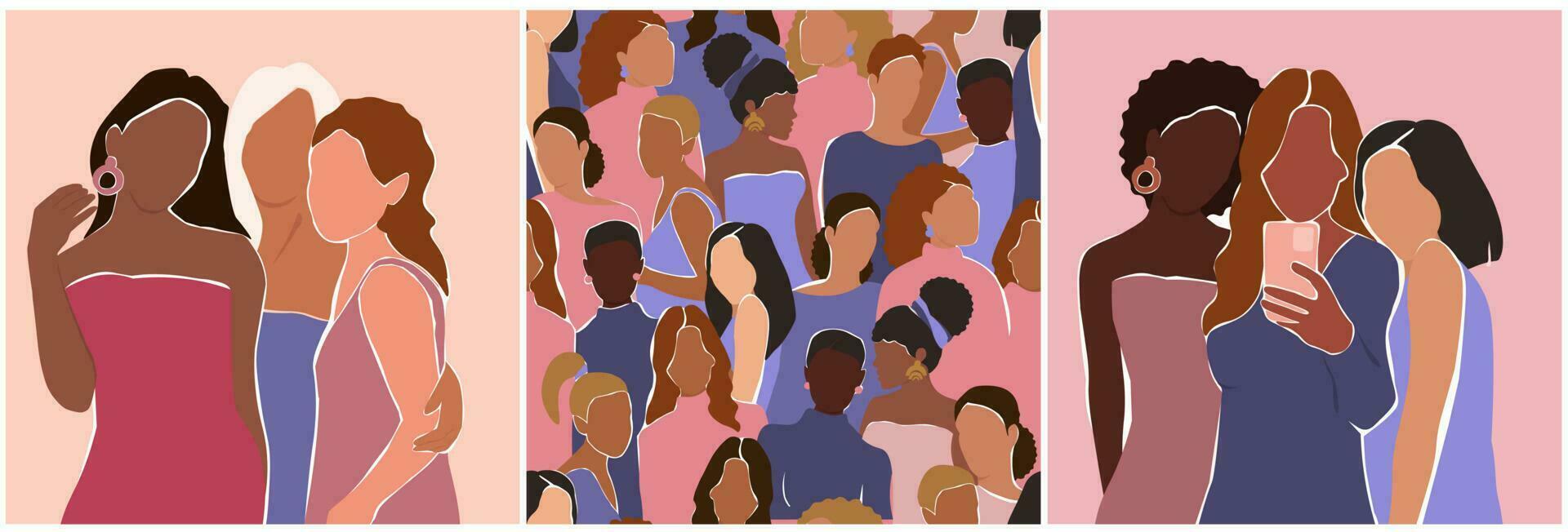 A set of abstract posters with different women. Beautiful females together are a force. Vector graphics for postcards, flyers.