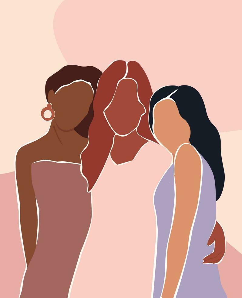 Abstract poster with different women. Beautiful females together force, hug. Vector graphics for postcards, flyers.