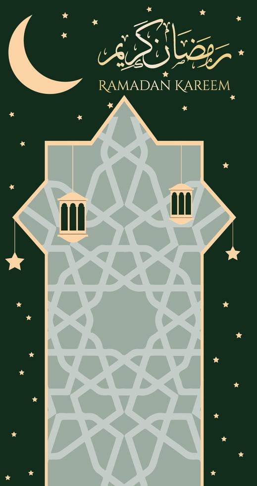 Ramadán kareem texto con linternas y presente luna, tipografía arte, Ramadán linterna firmar para social medios de comunicación, Ramadán saludo tarjeta y anuncio publicitario, islámico Arte para Ramadán mes, verde y oro colores vector