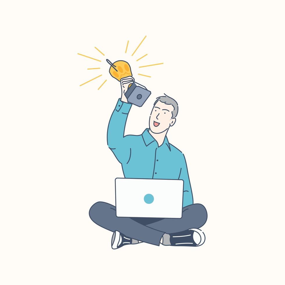 Man with laptop holding a trophy, employee appreciation day, hand drawn style vector design illustration