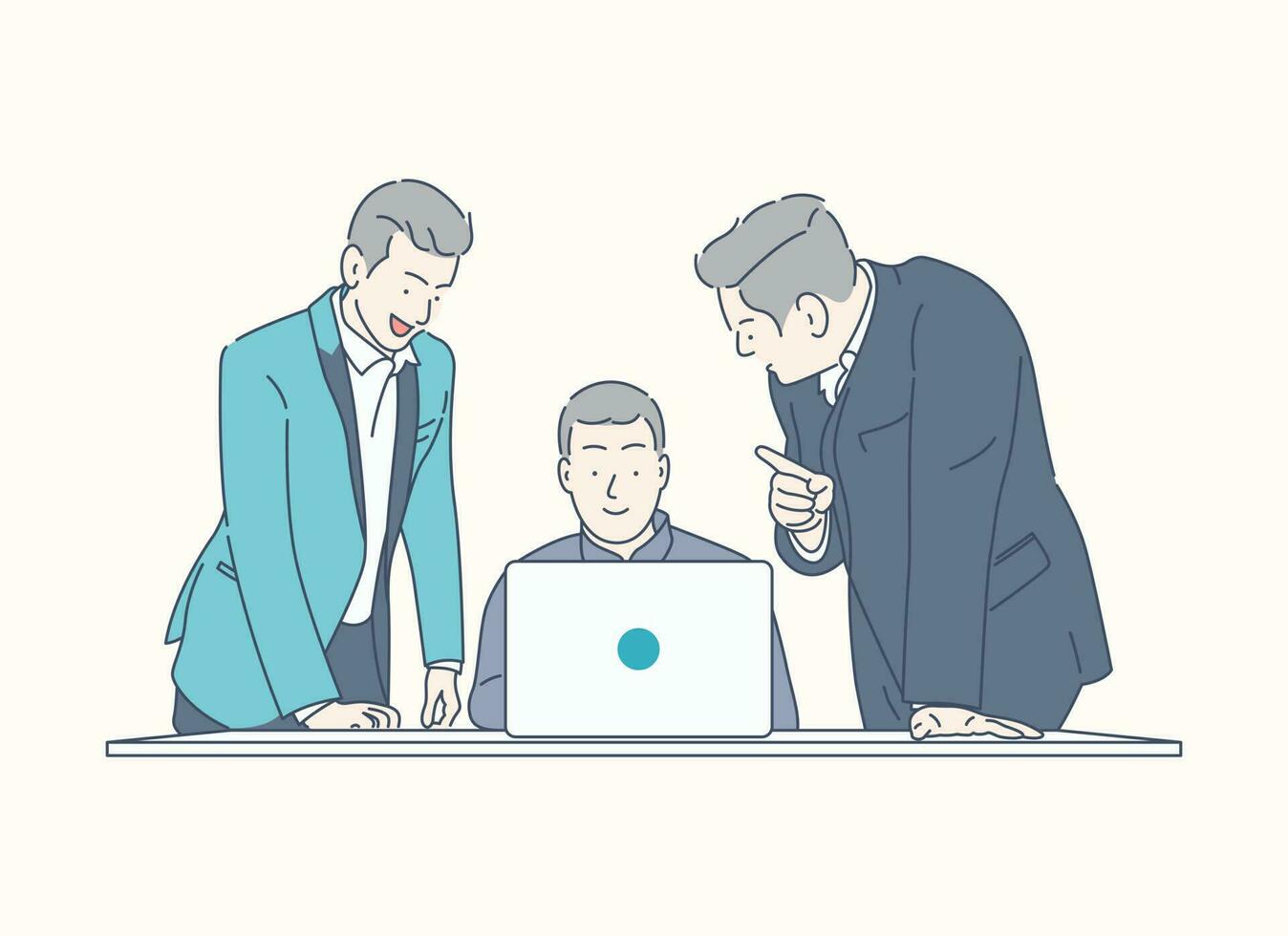 Three men discussing ideas, team work, hand drawn style vector design illustration