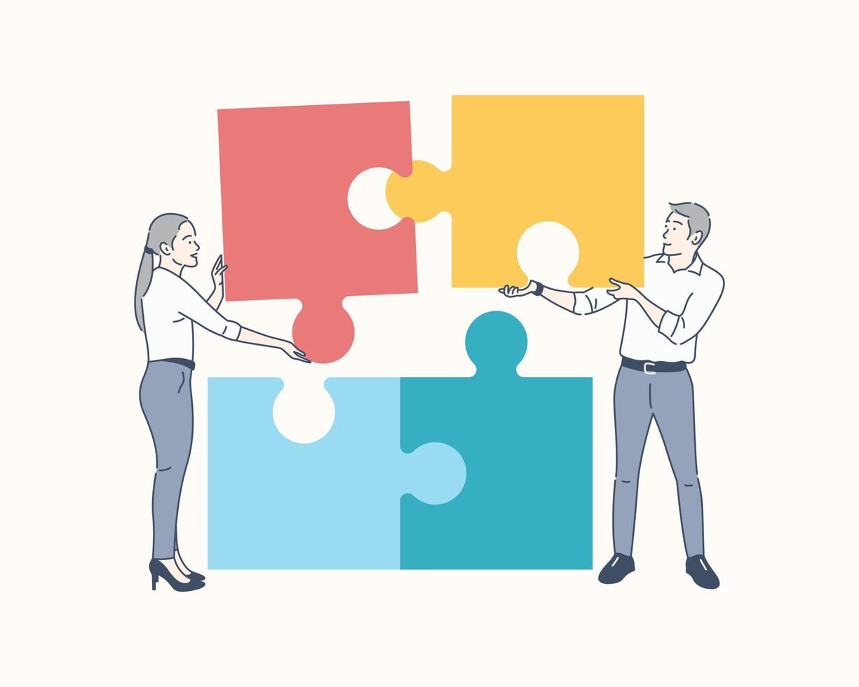 Two office persons working together on a project, cooperation, hand drawn style vector design illustration