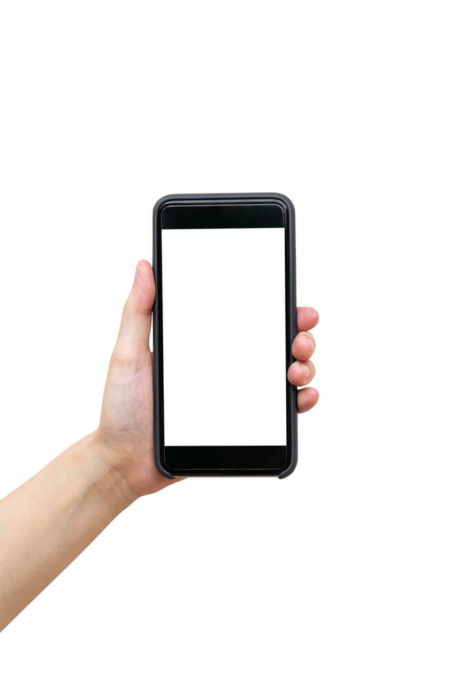 Close up hand woman holding and using phone on isolated with clipping path. photo