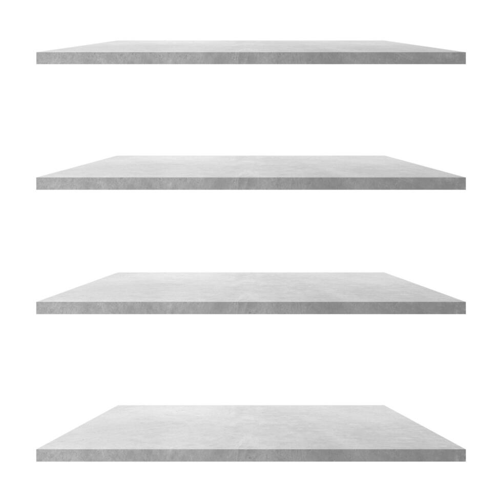 4 concrete shelves table isolated on white background and display montage for product. photo