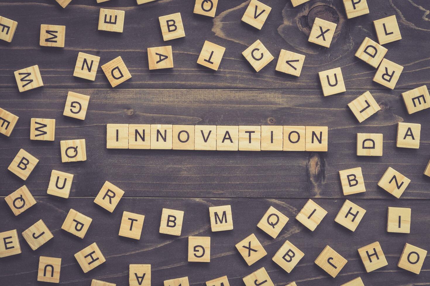 Innovation word wood block on table for business concept. photo