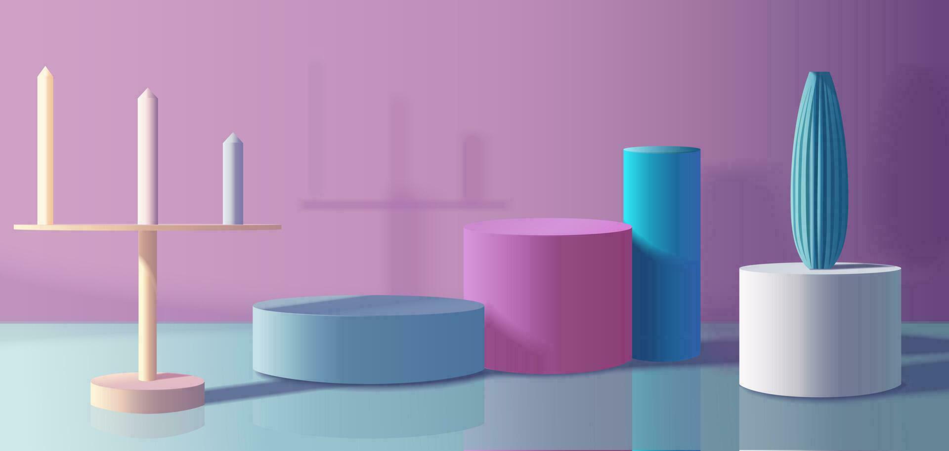abstract 3D room with blue, pink, and white realistic cylinder podium. Line arch shape on the wall. Vector rendering geometric form. Mockup product display. Minimal scene. Stage showcase.