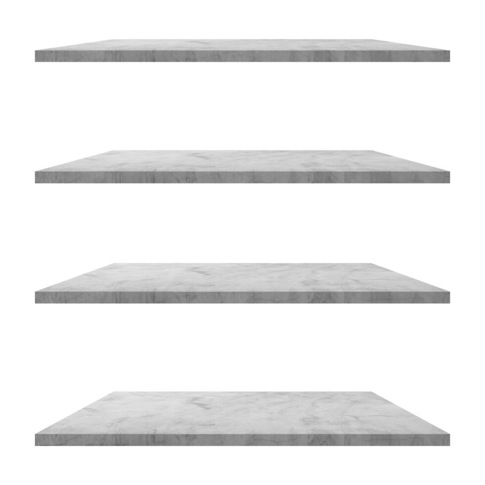 4 concrete shelves table isolated on white background and display montage for product. photo