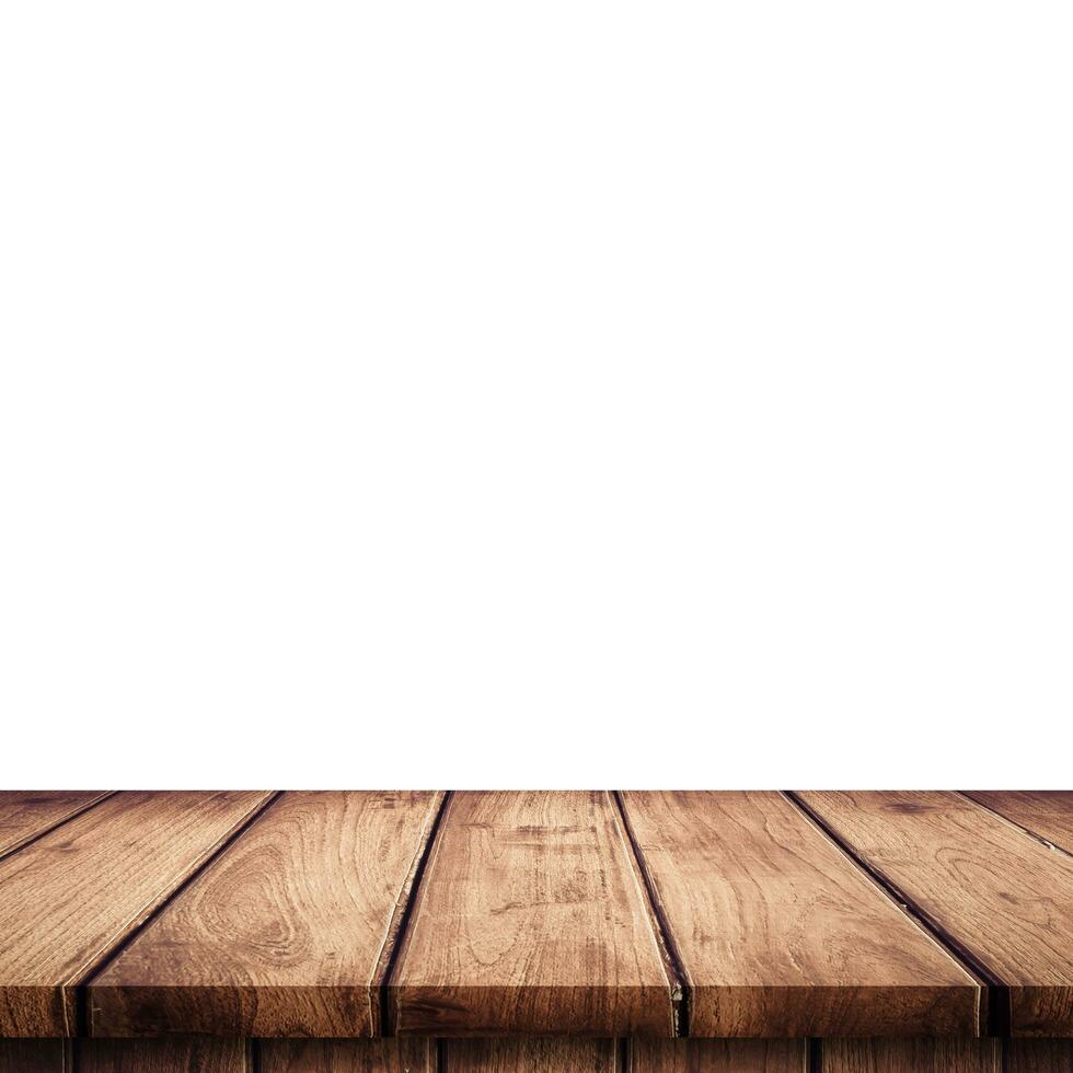 Empty wooden table top on isolated white, Template mock up for display of product. photo