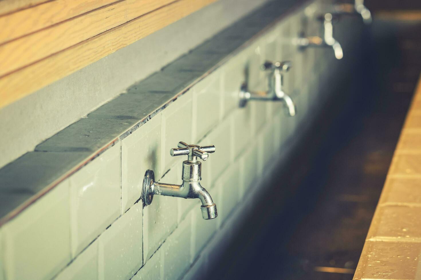 fila de acero grifos dentro un grande baño foto