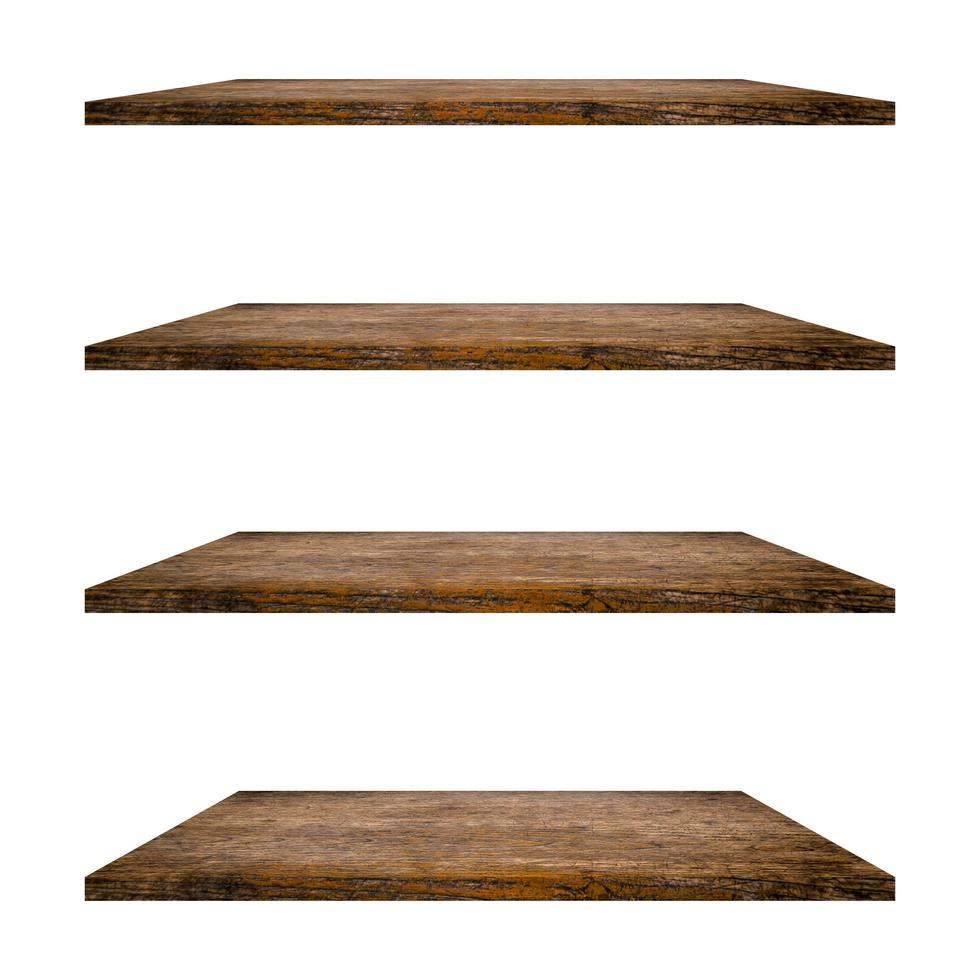 4 Wood shelves table isolated on white background and display montage for product. photo