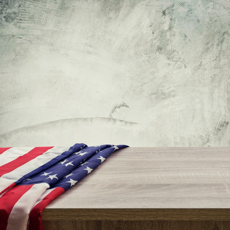 USA flag on wood cement wall background and texture with space photo