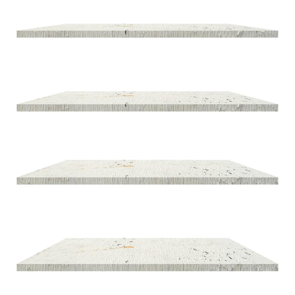 4 Wood shelves table isolated on white background and display montage for product. photo