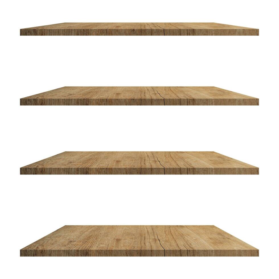 4 Wood shelves table isolated on white background and display montage for product. photo