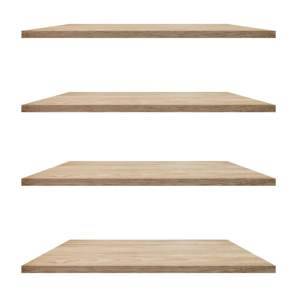4 Wood shelves table isolated on white background and display montage for product. photo