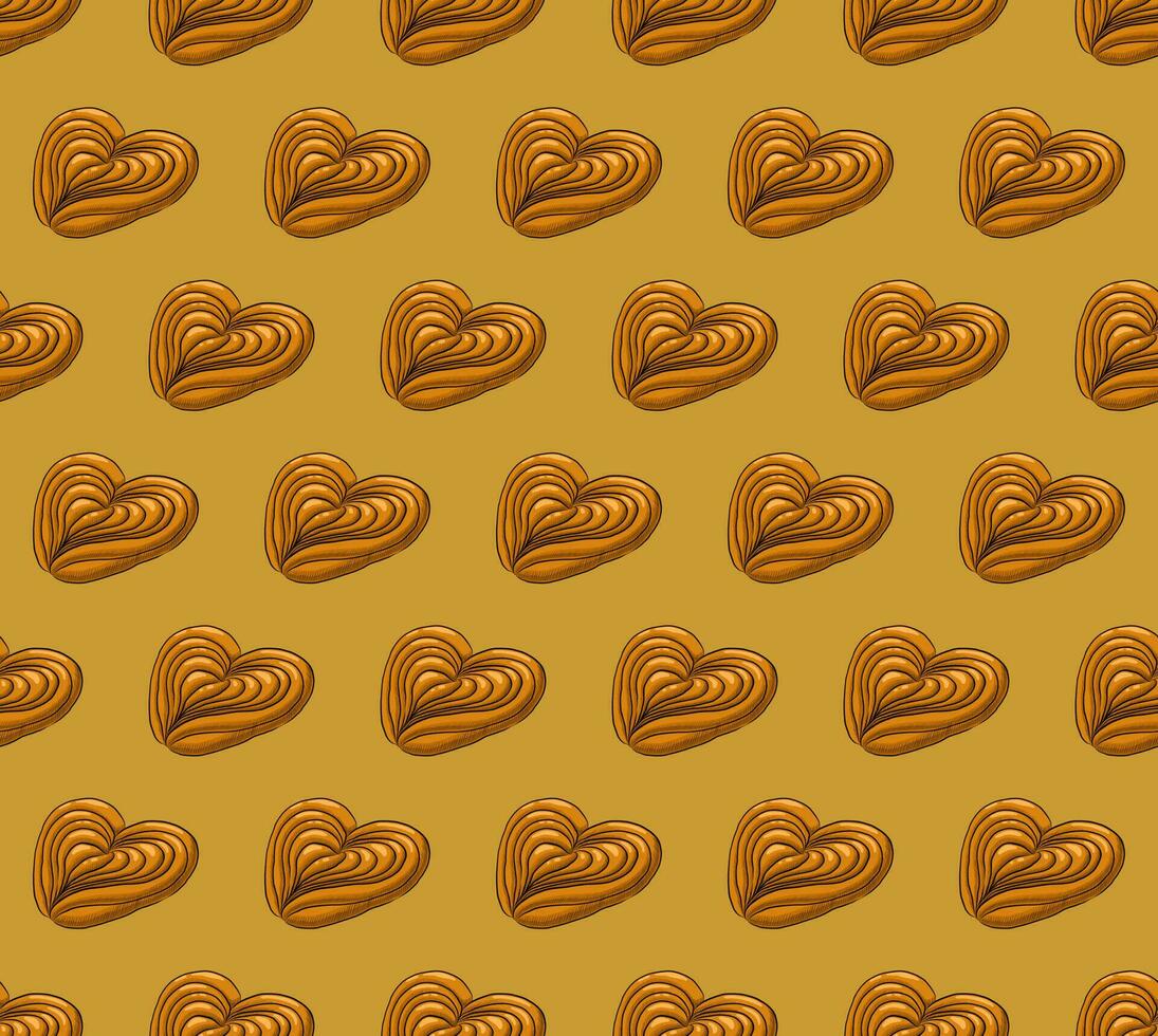 BEIGE SEAMLESS VECTOR BACKGROUND WITH DELICIOUS BUNS IN THE FORM OF A HEART