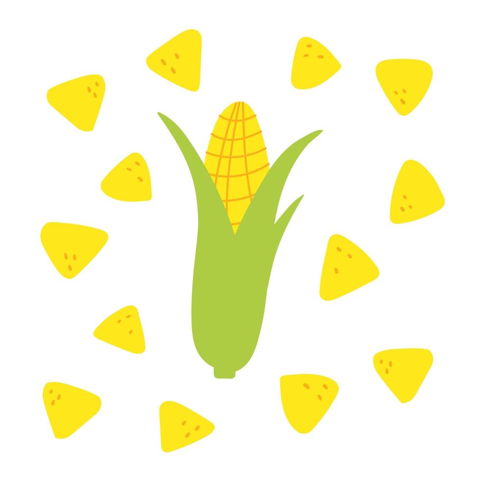 Tasty yellow crispy mexican nachos pattern around the corn. Vector flat Mexican food illustration for menu