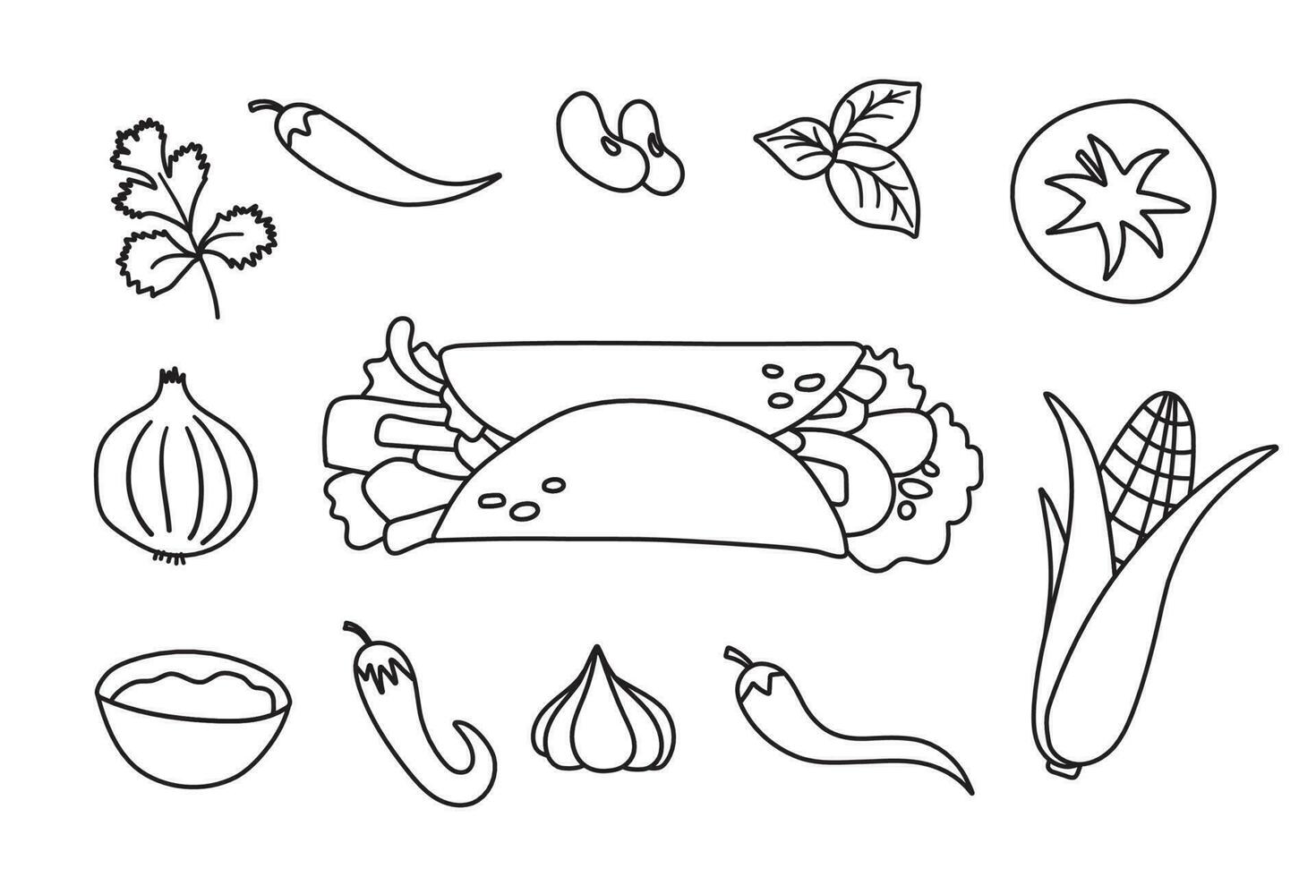 Ingredientes de la receta de burritos de comida rápida mexicana. ilustración plana vectorial aislada para decoración y diseño. vector