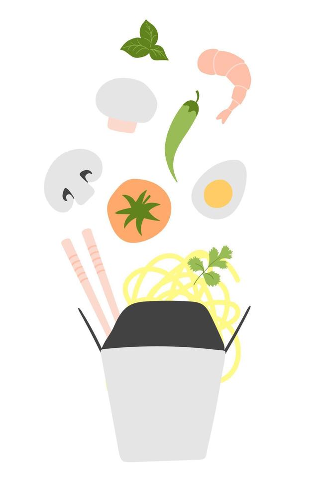 Noodles with traditional Ingredients in a wok box. Vector Illustration in doodle flat style.