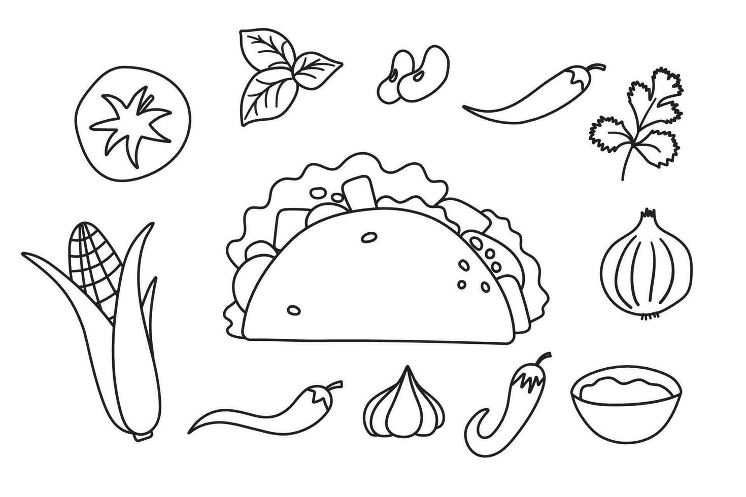 Mexican fast food Taco with ingredients. Vector illustration in flat style.