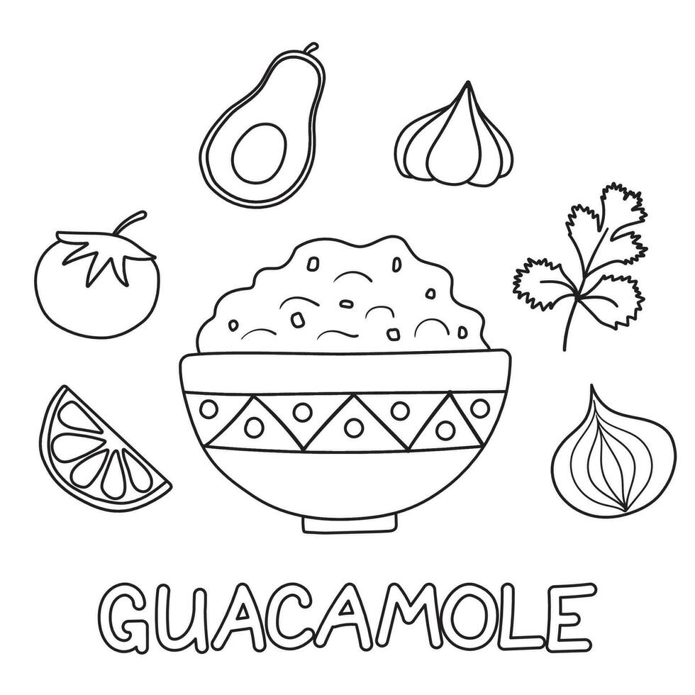 Mexican avocado sauce guacamole with fresh raw ingredients. Flat vector illustration