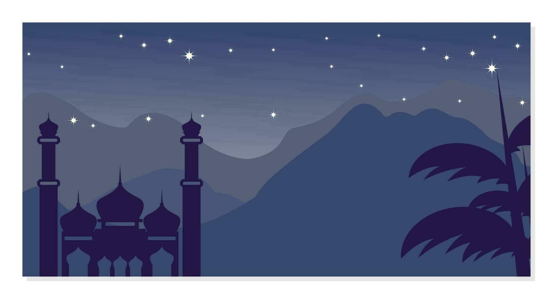 Islamic blue mountains background, with ornamented silhouette of mosque and night stars. Vector template for banners, greeting cards for Islamic holidays.