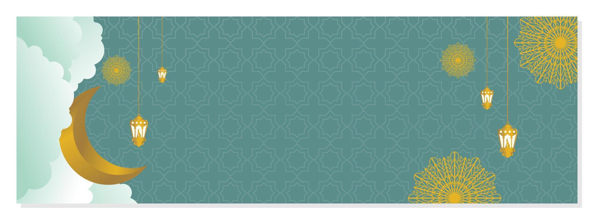 islámico azul fondo, con hermosa mándala, linterna y Luna ornamento. vector modelo para pancartas, saludo tarjetas para islámico vacaciones.