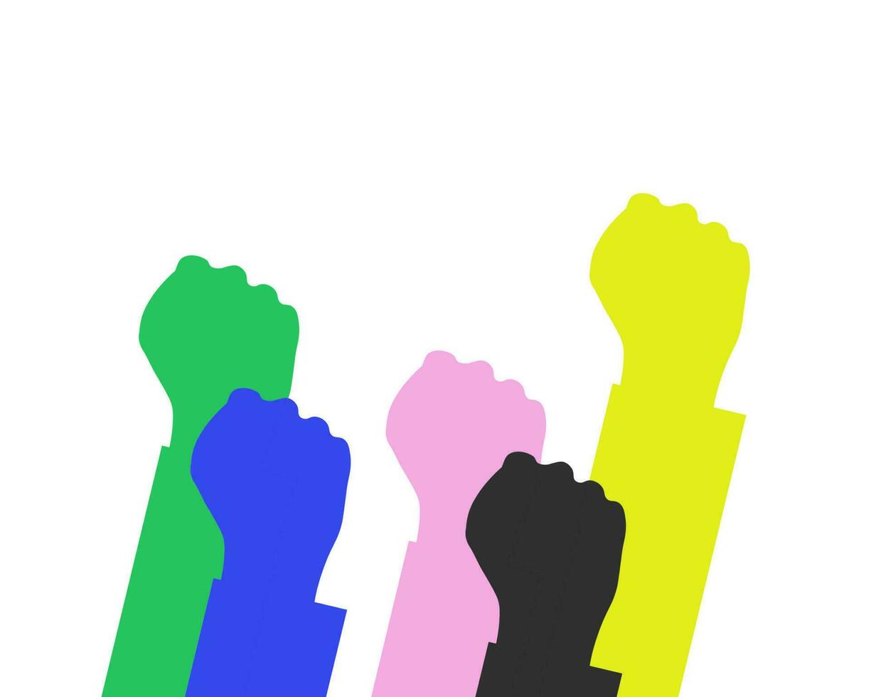 A group of people of different races raised their fists as a symbol of unity, protest, strength or victory, success. The concept of unity, revolution, struggle, cooperation. Isolated background vector