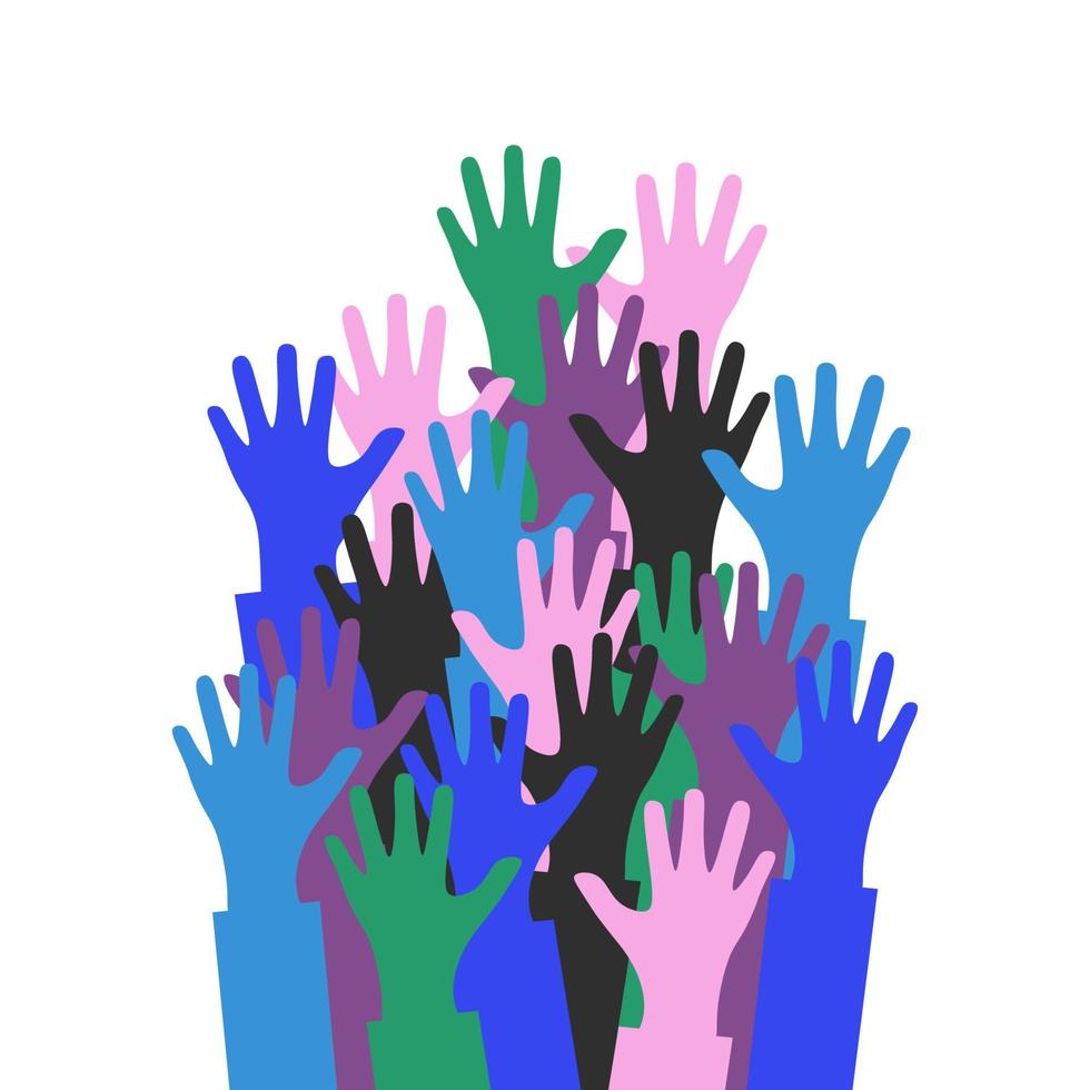 The group raised human arms and hands. Diversity multiethnic people. Racial equality. Men and women of different cultures and peoples. harmony of coexistence. Multicultural Community Integration. vector