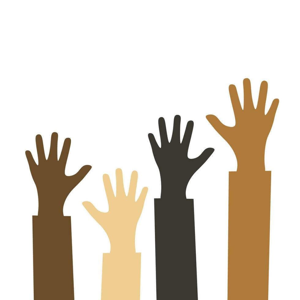The group raised human arms and hands. Diversity multiethnic people. Racial equality. Men and women of different cultures and peoples. harmony of coexistence. Multicultural Community Integration vector