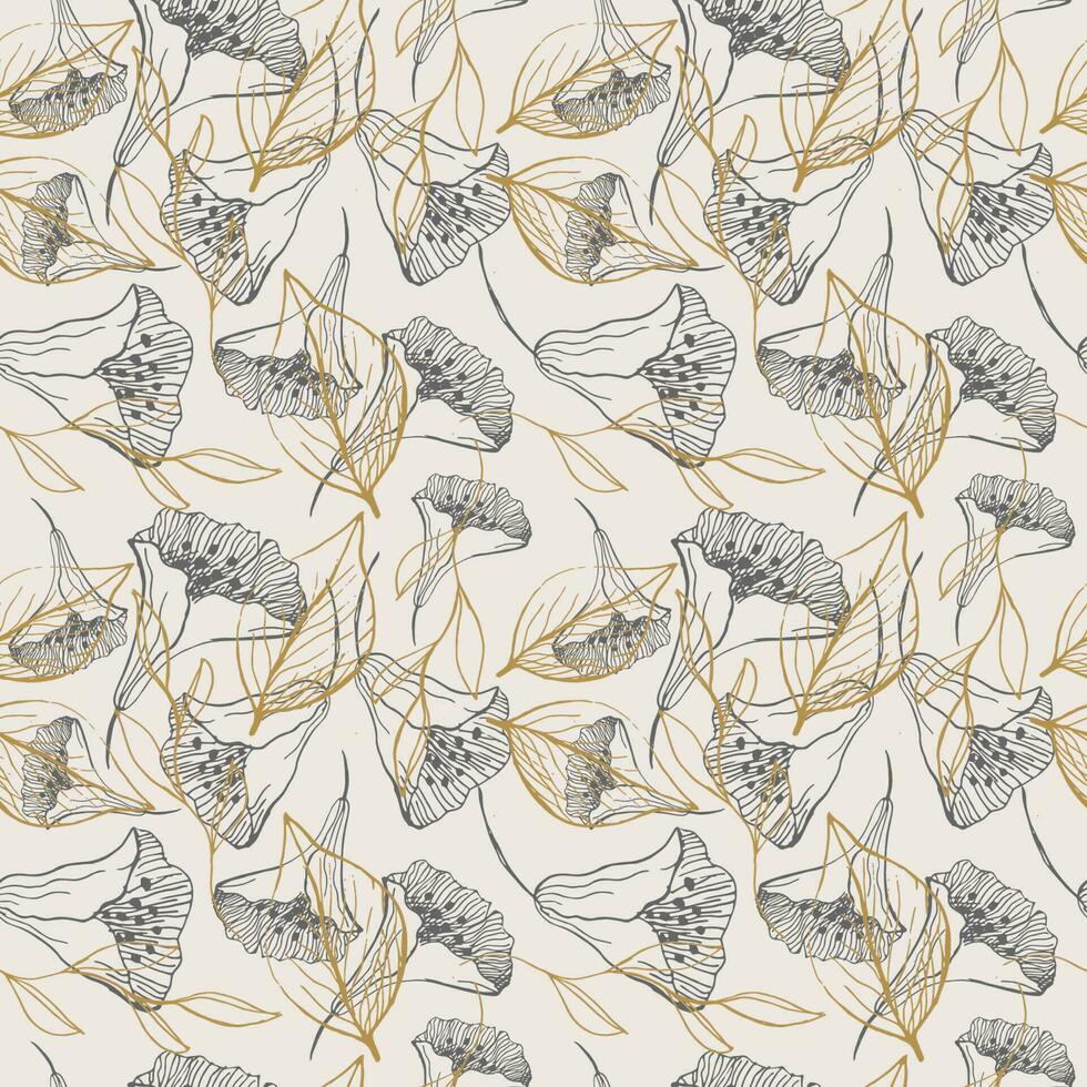 Cute seamless repeating pattern with branches and flowers on a light background, floral motif. Hand drawn leaves in a pattern for design, textile, wrapping paper and packaging design.Vector vector
