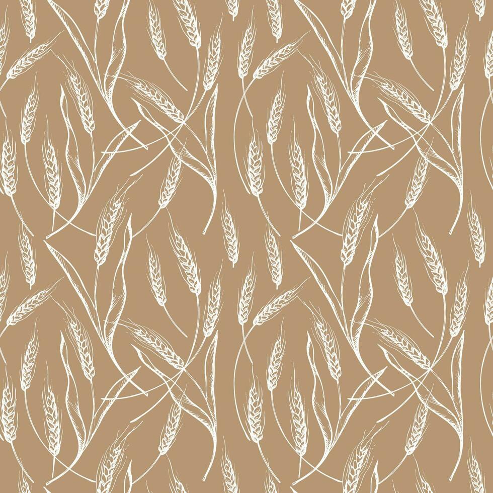 Cute seamless repeating pattern with ears of wheat on a beige background. Floral ornament with an ear of wheat. Drawn by hand. Delicate pattern, minimalist styl vector