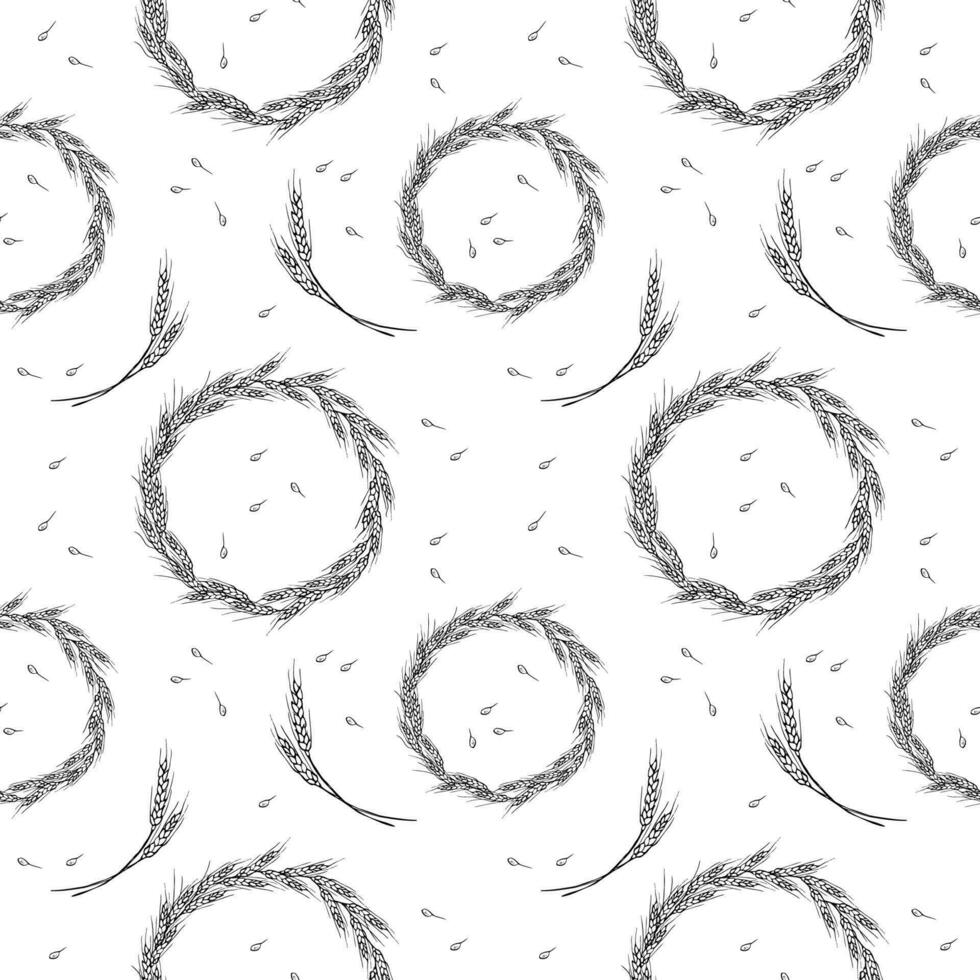 Cute seamless repeat pattern with ears of wheat and wreaths on a white background. Floral ornament with an ear of wheat. Drawn by hand. Delicate pattern, minimalist style, sketch vector