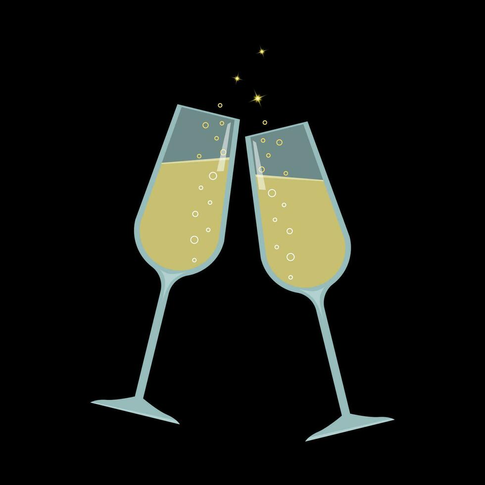 Champagne glasses isolated on black background. Flat vector illustration