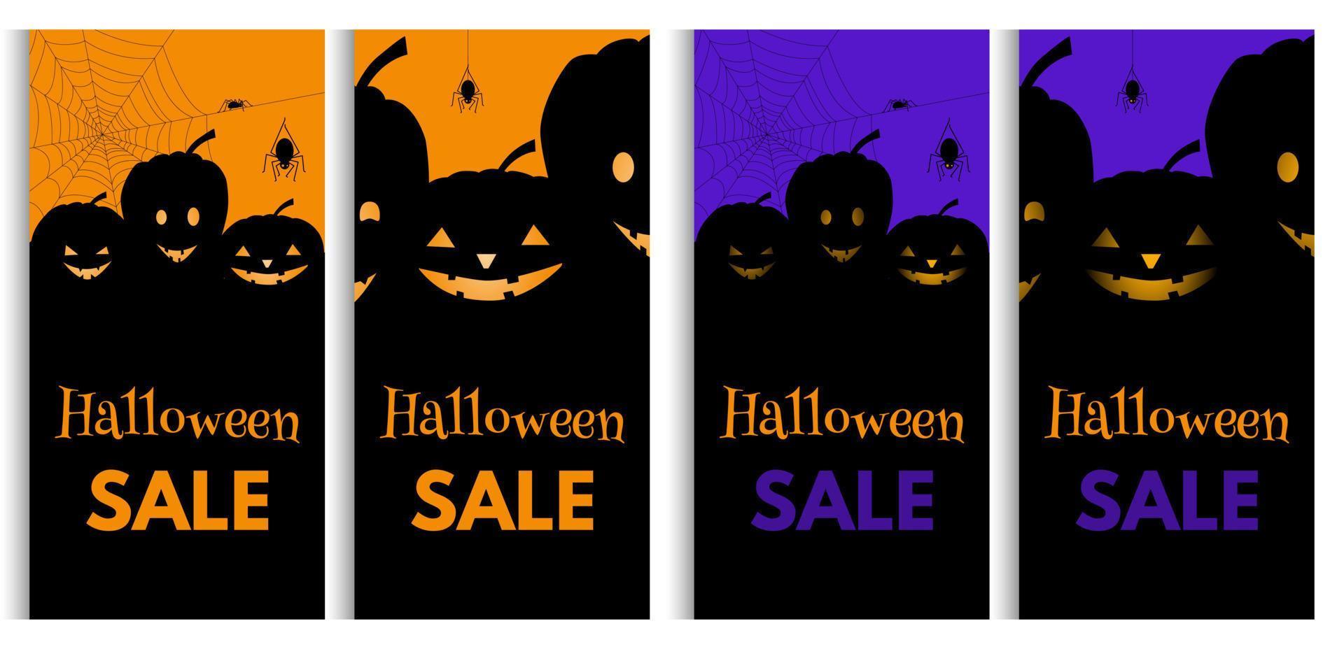 Set Halloween sale promotion banner with cutest pumpkins and spiders on orange and violet background. vector