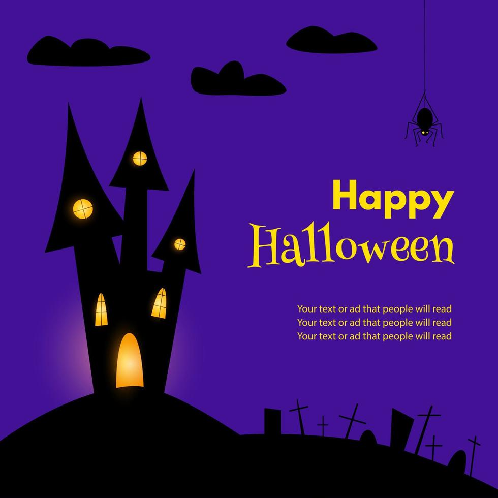 Happy Halloween castle, gravestone, grave cross on violet background. Halloween website or template Promotion banner vector