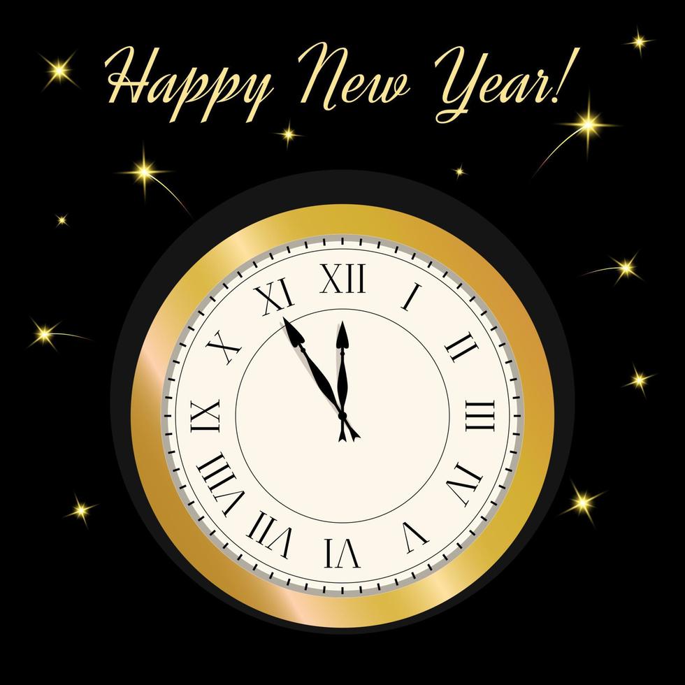 New Year clock with shining stars on black background vector