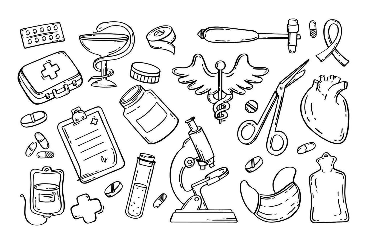 Medical pharmaceutical hospital device set of drawings. Vector illustration of medical equipment, hand drawn