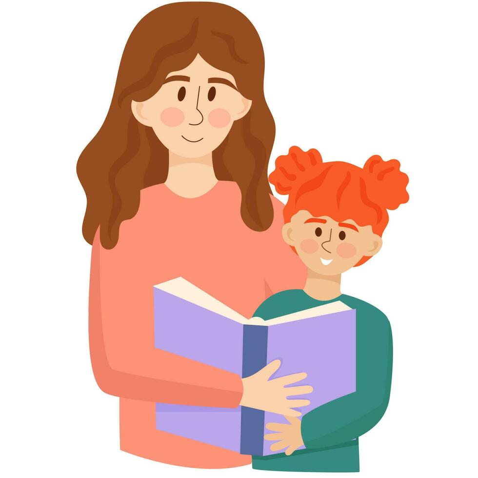 Mother reads a book to her daughter. Time with family at home. A girl sitting on a woman's lap, reading a book together. Illustration of home activities. vector