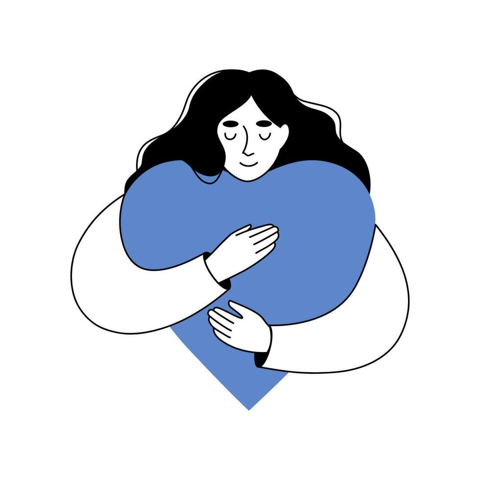 joven mujer abraza un corazón con amor. yo amar, cuidado, autoayuda concepto. lineal vector ilustración